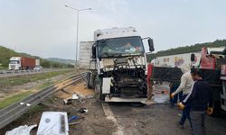 Otoyolda bariyerlere çarpan buğday yüklü TIR devrildi