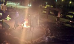 Parkta lastik yakıp, oyun gruplarına zarar verdiler; olay kamerada