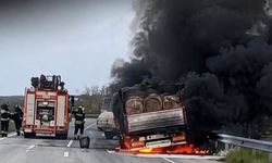 Samsun'da seyir halindeki tomruk yüklü kamyon alev alev yandı