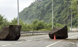 Rize'de yamaçtan kopan kaya parçaları Karadeniz Sahil Yolu'na düştü