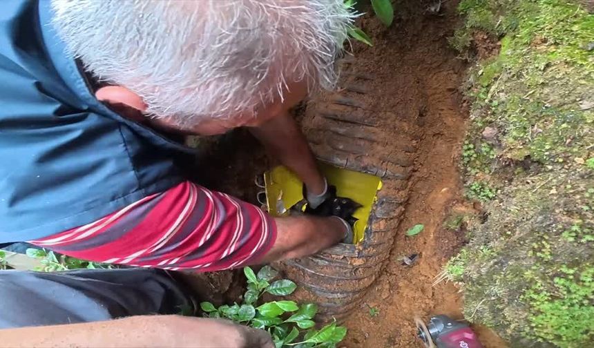 Rize'de su gideri borusuna giren kedi yavrusu, yeri kameralı sistemle belirlenerek kurtarıldı